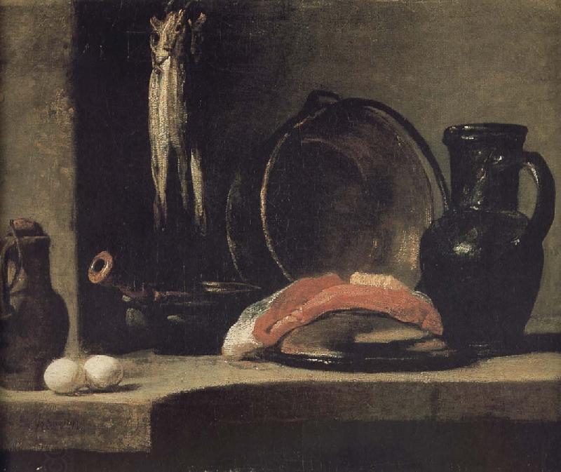 Jean Baptiste Simeon Chardin Watering can two egg earthenware cooking pot three yellow eye monkshood fish copper clepsydra fish fillet and jar China oil painting art